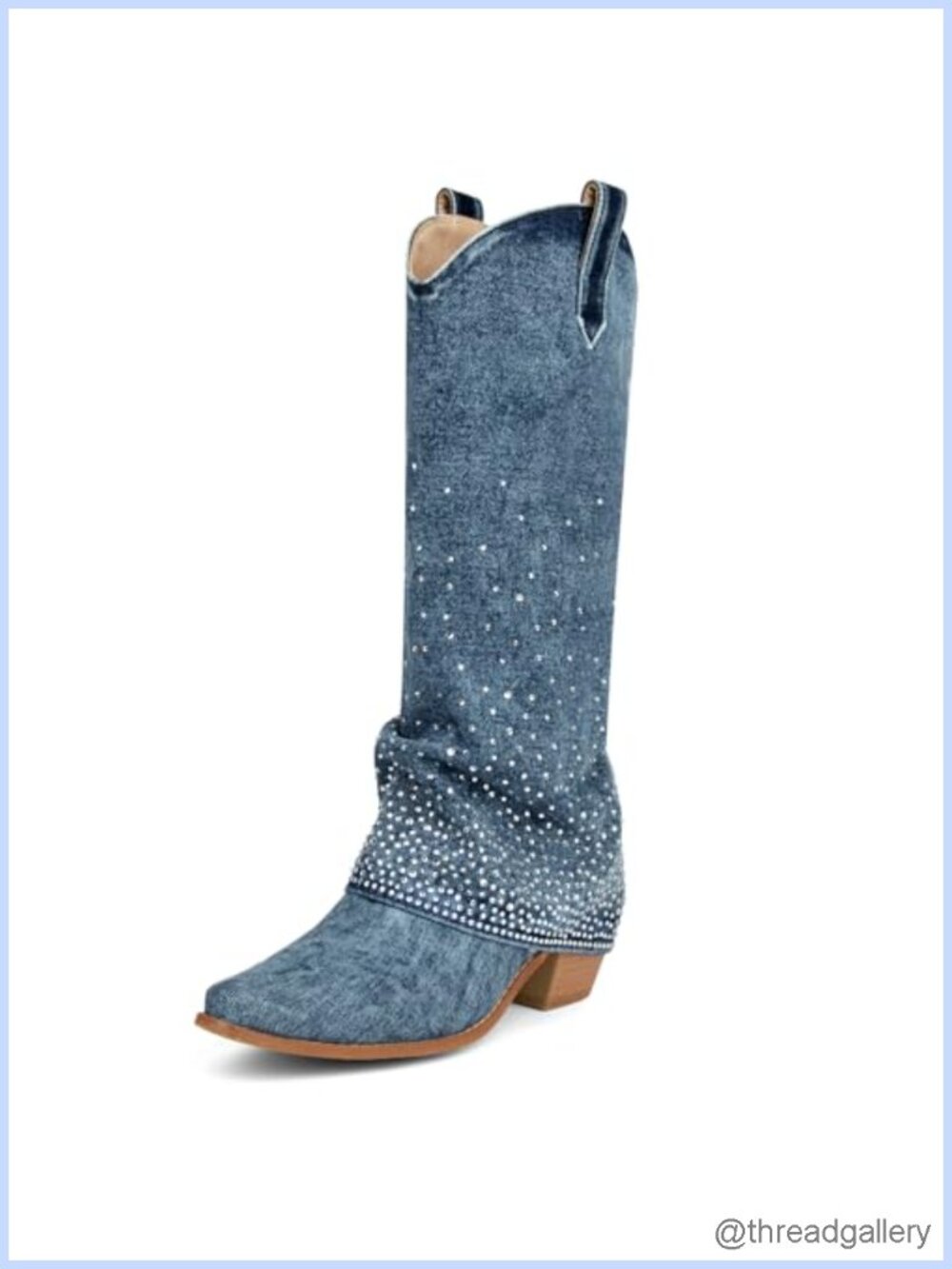 Rhinestone Denim Fold Over Knee High Cowboy Boots Pointed Toe